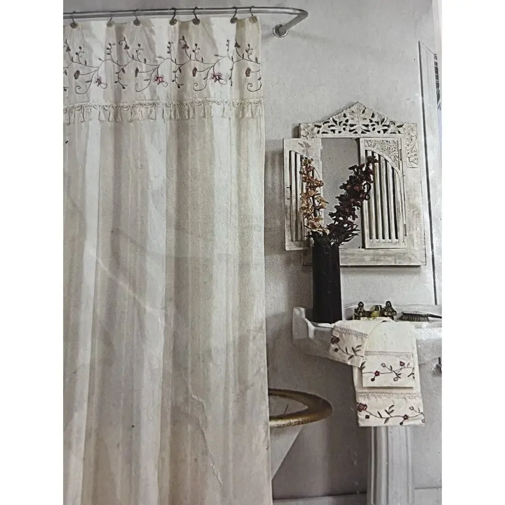 PANAMA Embroidered Floral Tassel Shower Curtain Ivory Pink Romantic Cottagecore